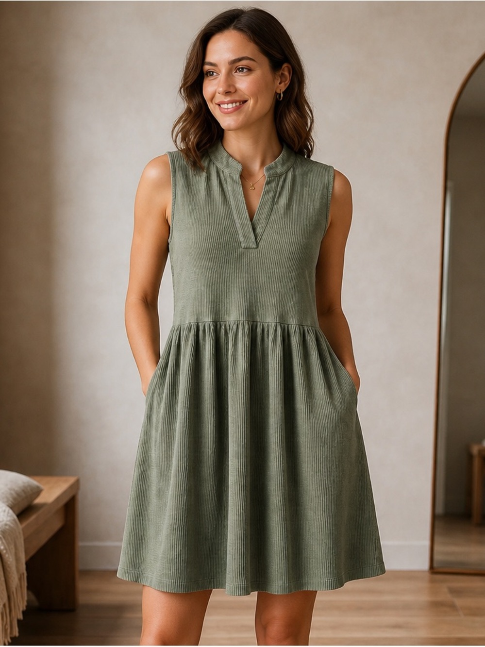 Olive Green Sleeveless Ribbed Fit-and-Flare Over-Sized Soft Dress 22” p2p